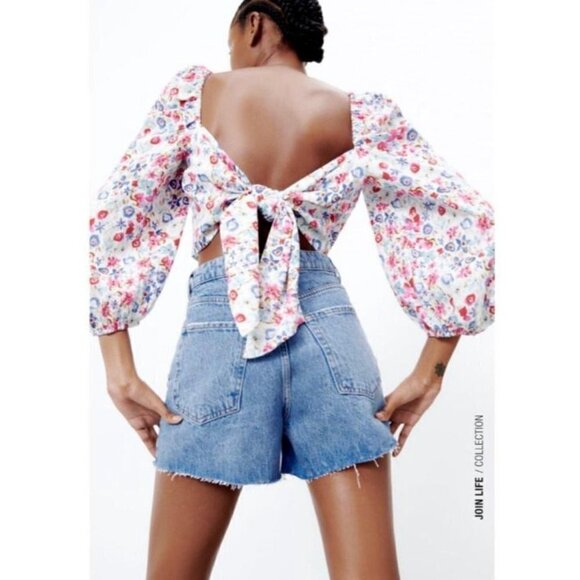 Zara Womens S White Linen Blend Floral Printed Blouse Top Puff Sleeve Tie Back - Picture 2 of 13